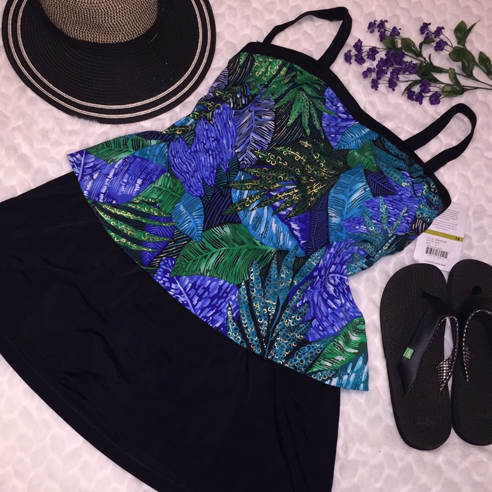 Maxine Leaf Print Faux Tankini Skirt Swim Dress